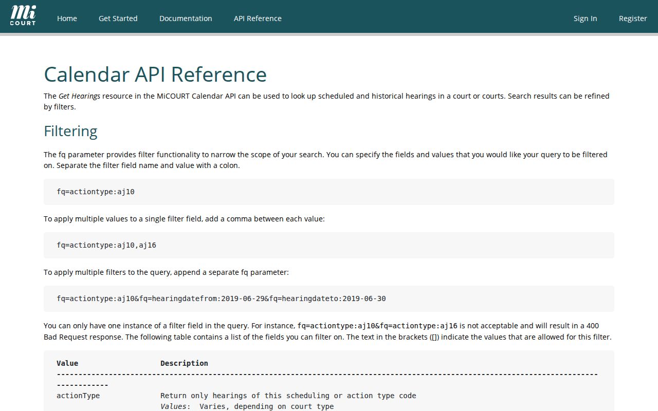 Berrien County court date calendar API filter reference