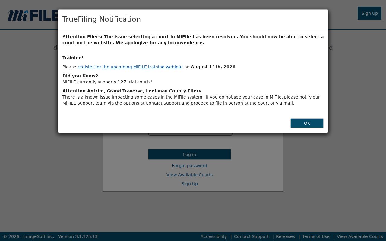 Berrien County court docket e-filing login screen